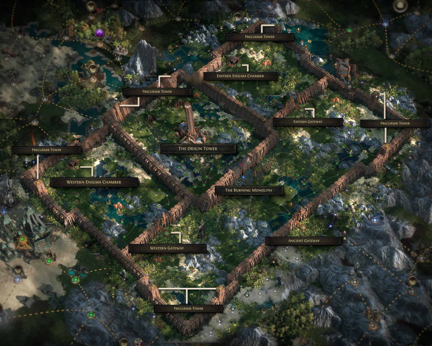 Bản đồ Fortress trong Path of Exile 2 với các điểm mốc được đánh dấu